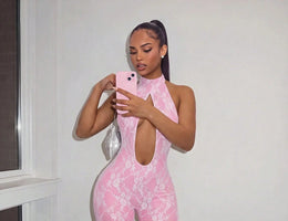 Ivory Temptation Lace Halter Jumpsuit halter neckline detail