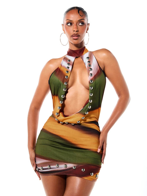 Abstract Studded Cowl-Neck Mini Dress — Multicolor — view 1
