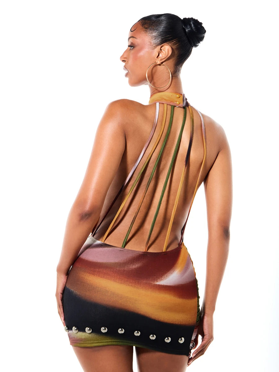 Abstract Studded Cowl-Neck Mini Dress — Multicolor — view 2