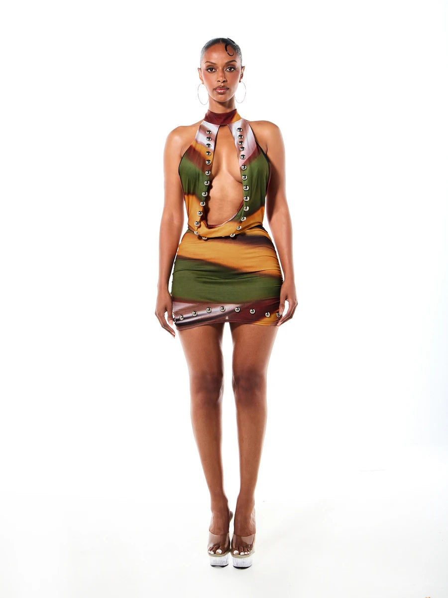 Abstract Studded Cowl-Neck Mini Dress — Multicolor — view 3