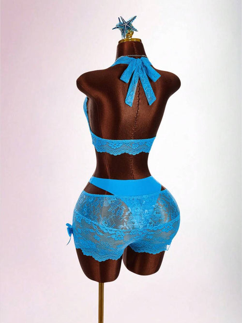 Aqua Siren Lace Three-Piece Set — SHEIN view 1