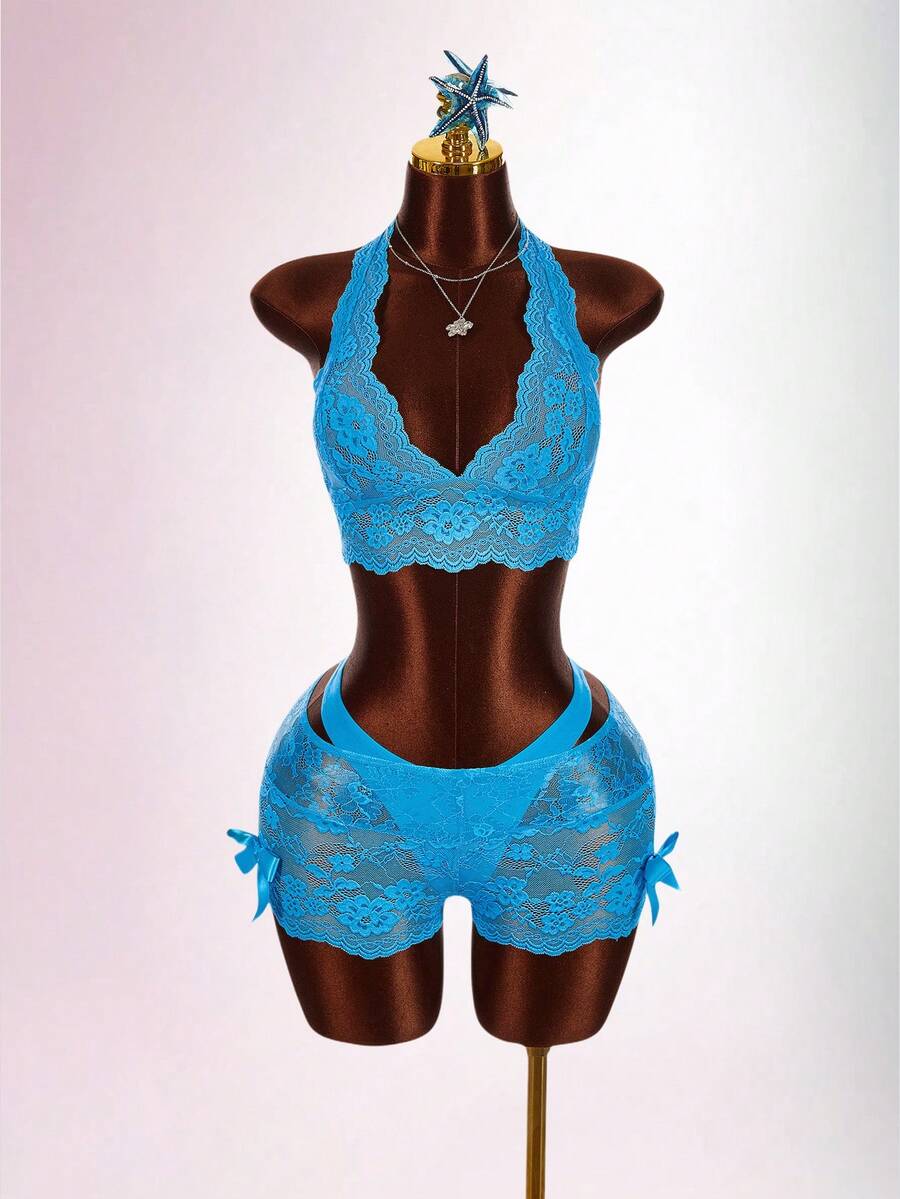 Aqua Siren Lace Three-Piece Set — SHEIN view 3