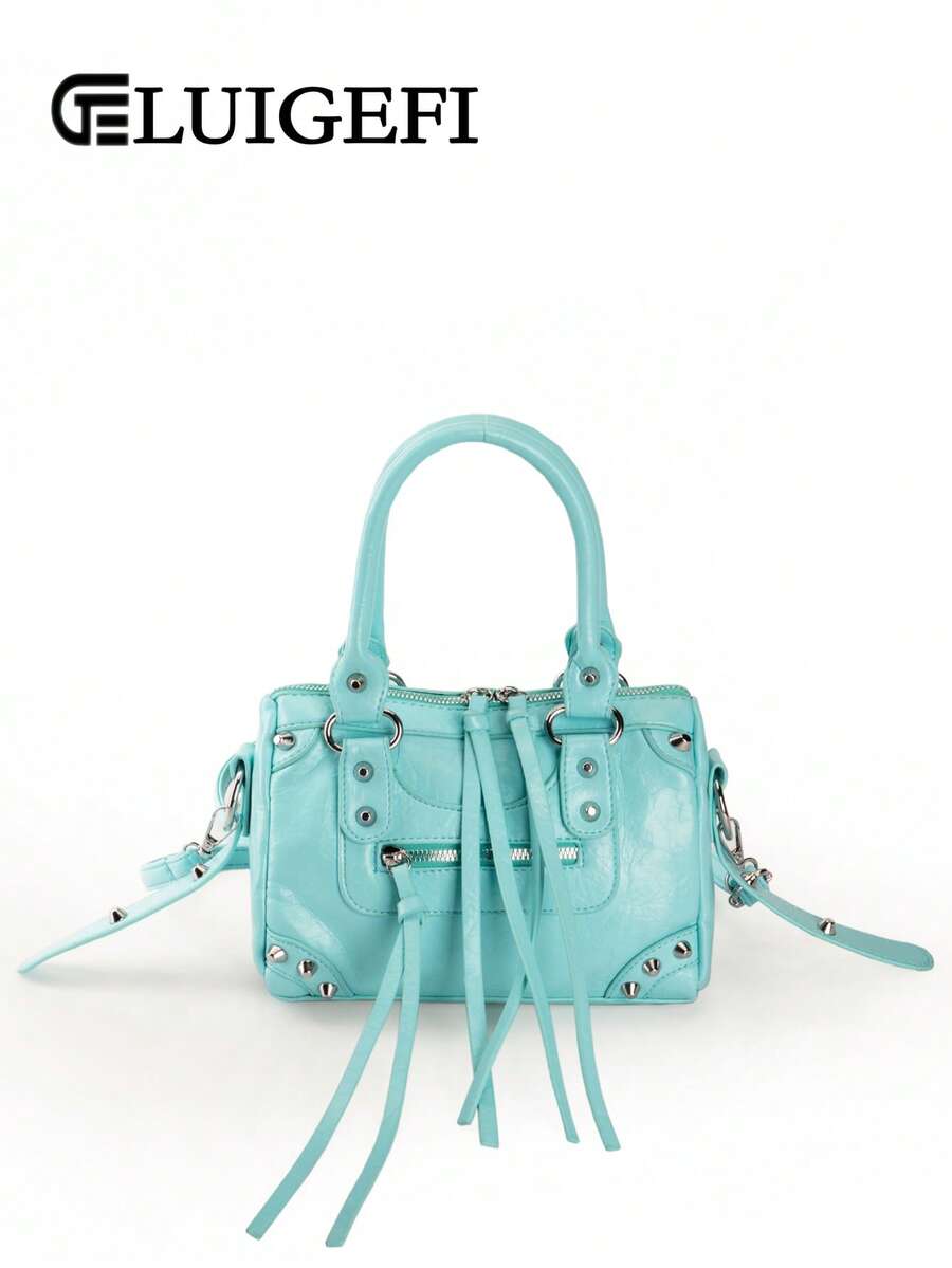 Baby Blue Rivet Tassel Moto Bag - view 1