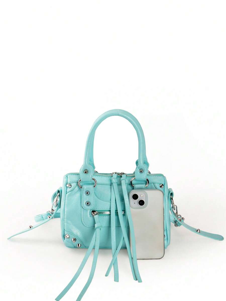 Baby Blue Rivet Tassel Moto Bag - view 3