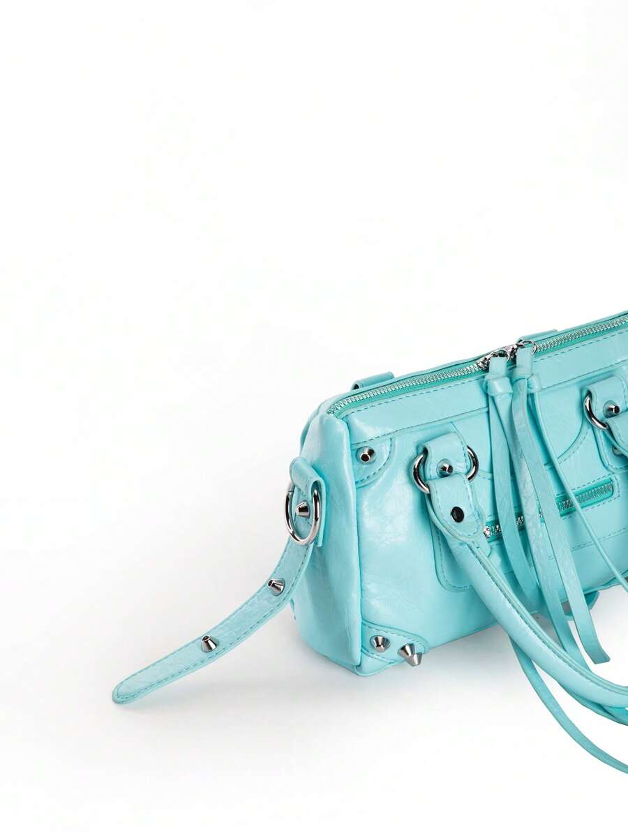 Baby Blue Rivet Tassel Moto Bag - view 10