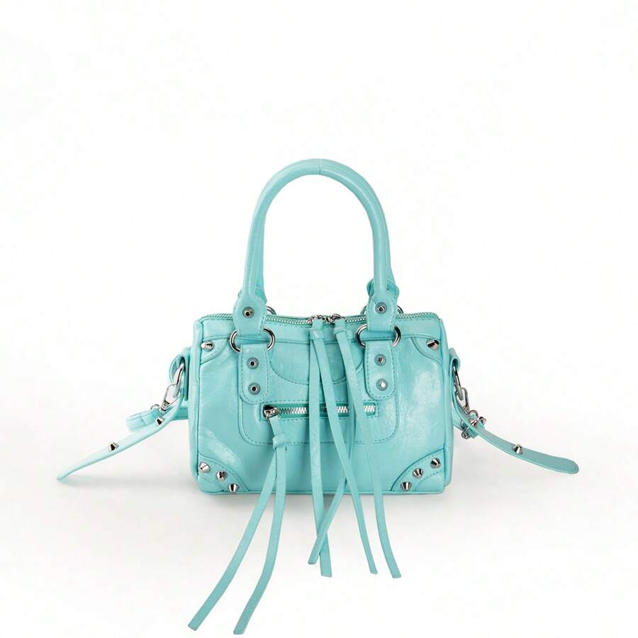 Baby Blue Rivet Tassel Moto Bag - view 11