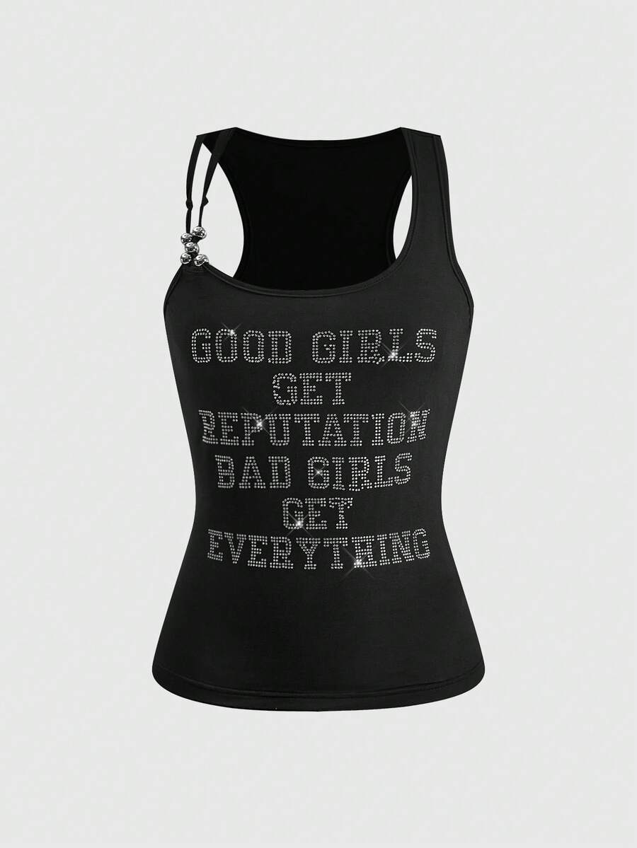 Black Slogan Rhinestone Strap Tank - view 1