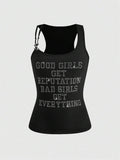 Black Slogan Rhinestone Strap Tank - view 1