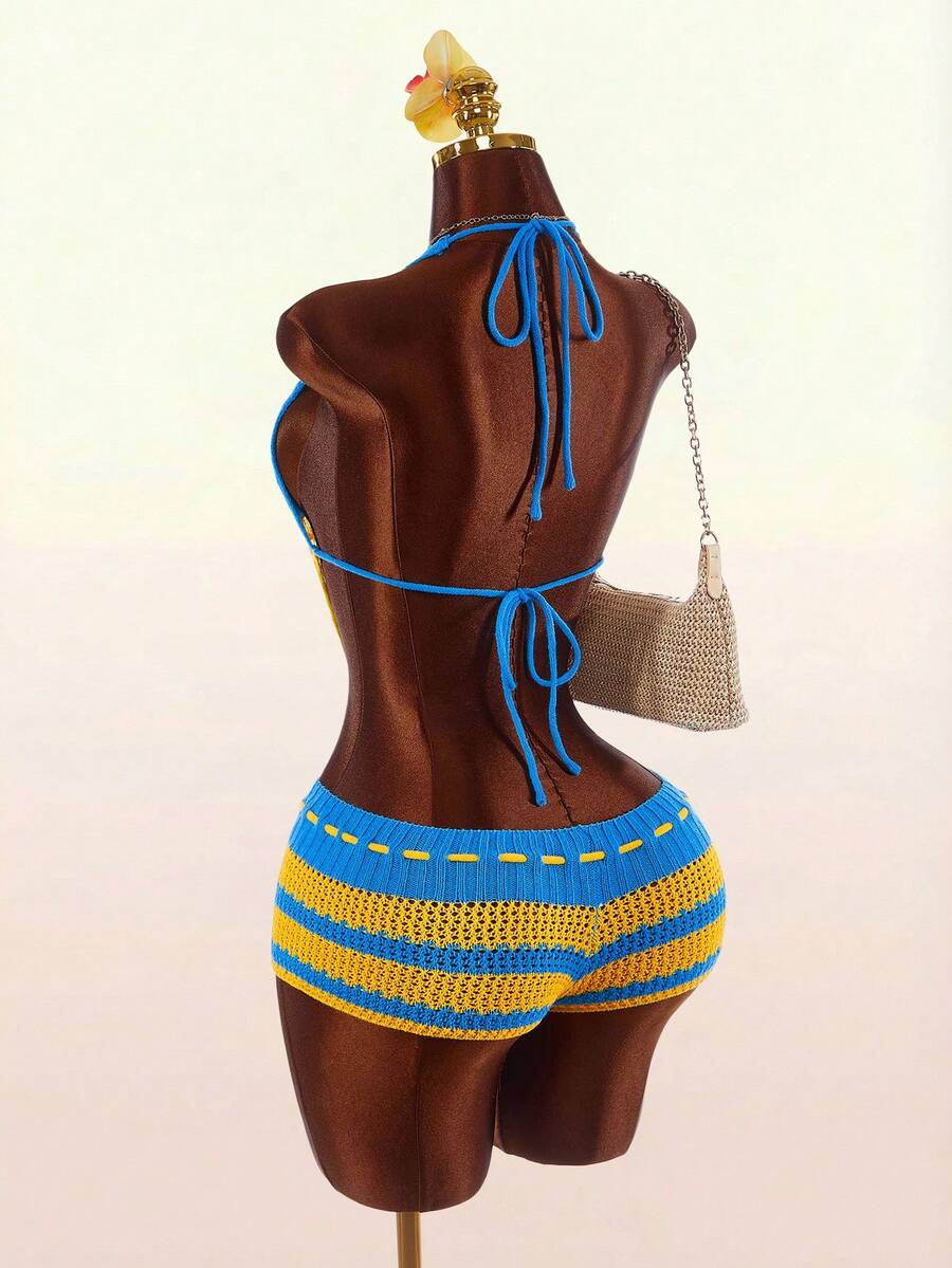 Blue Current Striped Halter Unitard — SHEIN view 1