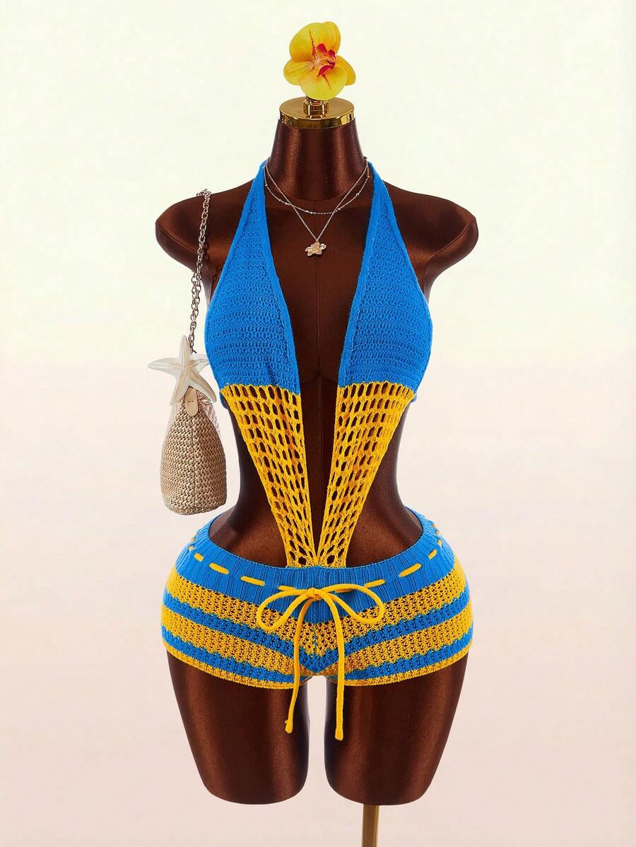 Blue Current Striped Halter Unitard — SHEIN view 2