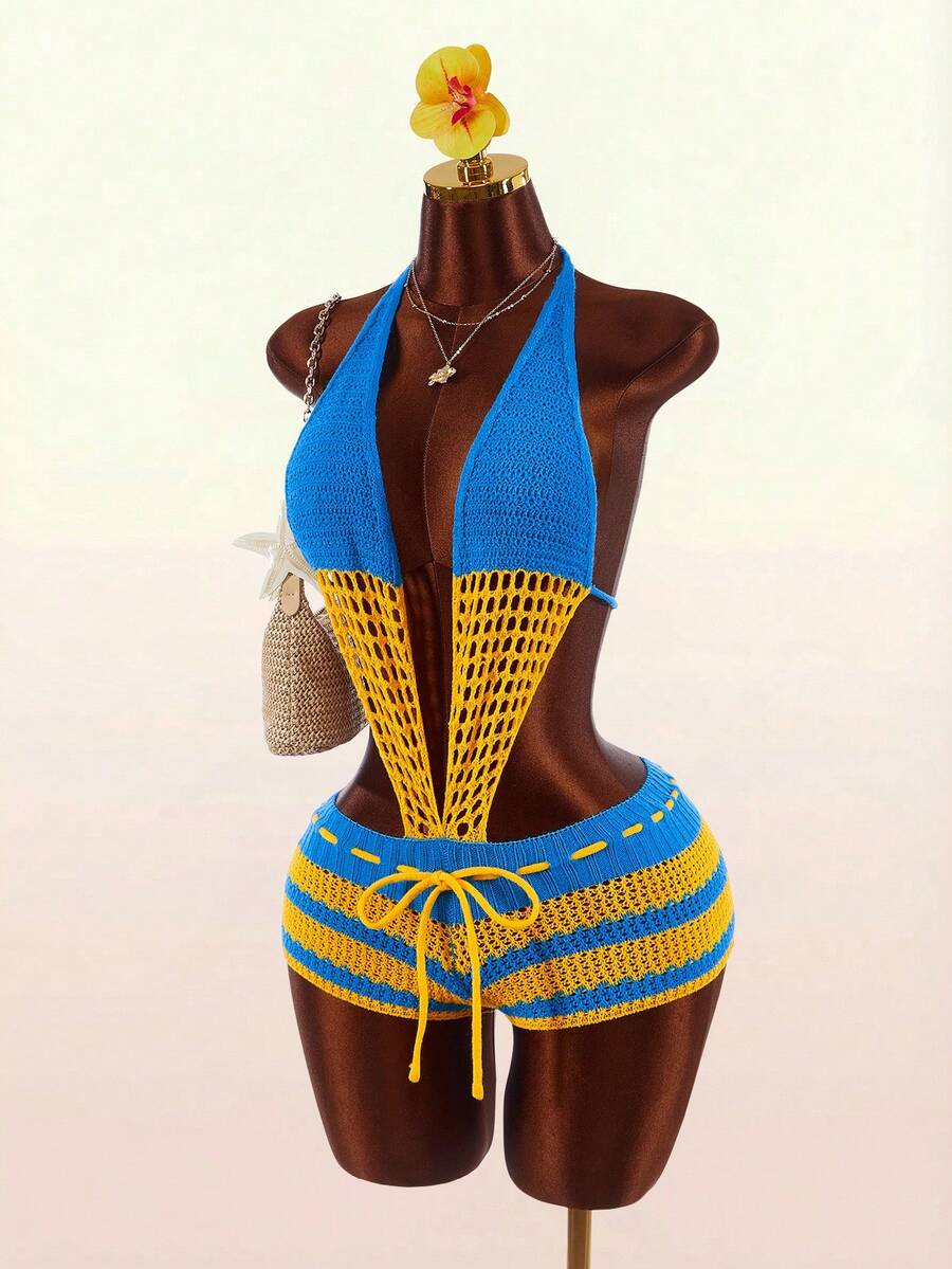 Blue Current Striped Halter Unitard — SHEIN view 3