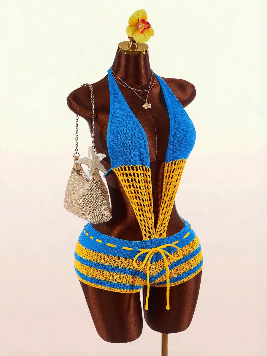 Blue Current Striped Halter Unitard — SHEIN view 4