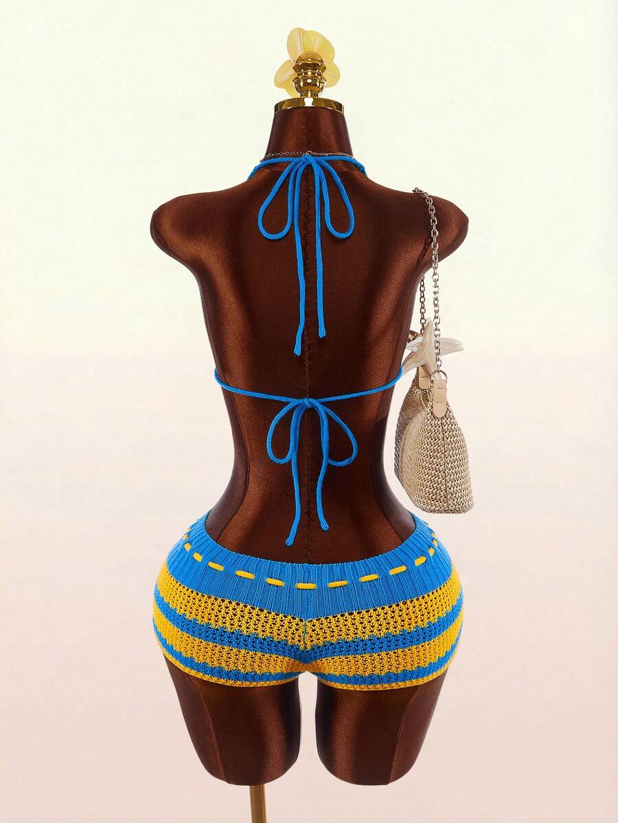 Blue Current Striped Halter Unitard — SHEIN view 7
