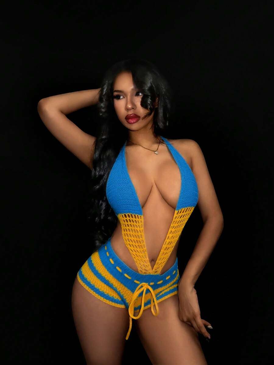 Blue Current Striped Halter Unitard — SHEIN view 8