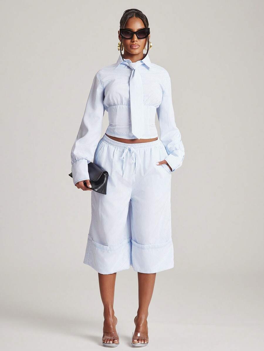 Blue Pinstripe Capri Trouser Set — Blue — view 1