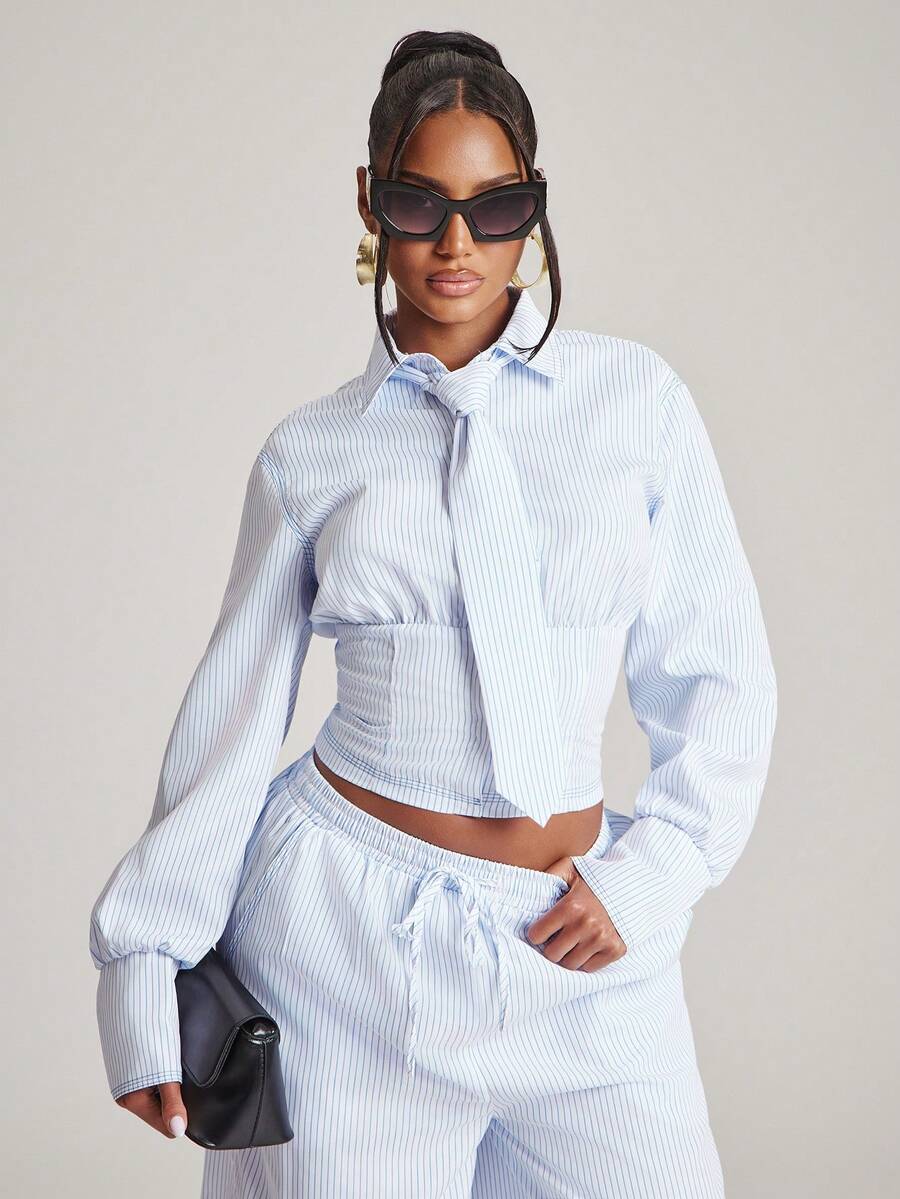 Blue Pinstripe Capri Trouser Set — Blue — view 3