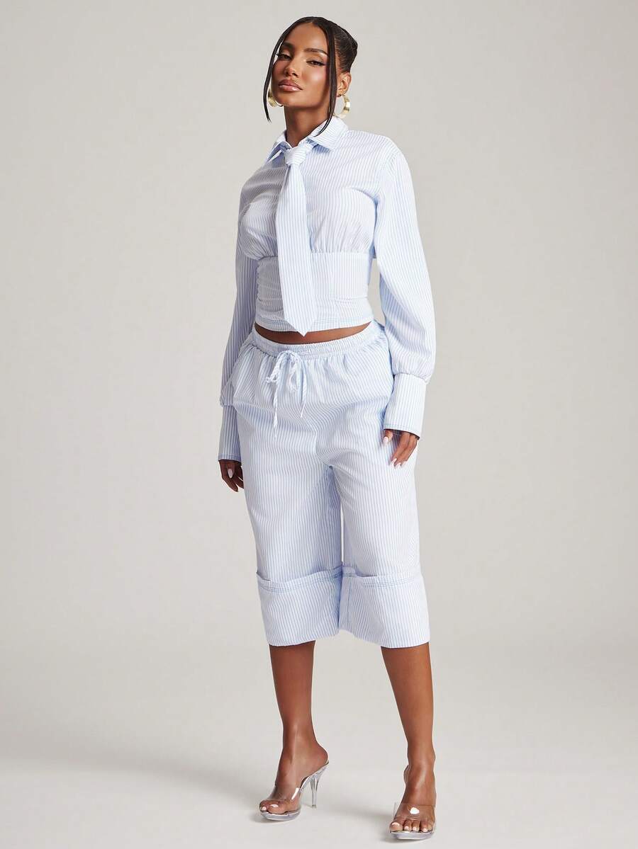 Blue Pinstripe Capri Trouser Set — Blue — view 4