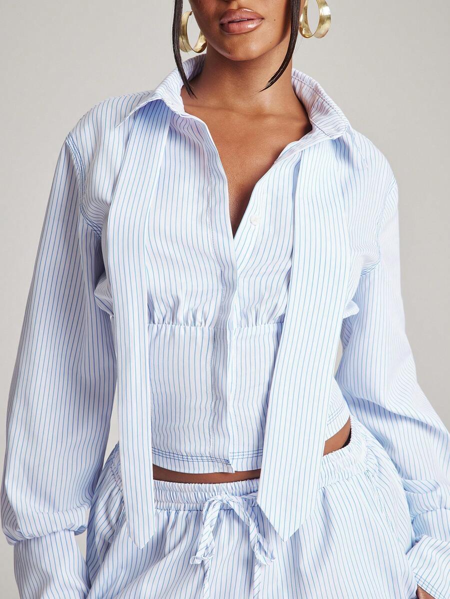 Blue Pinstripe Capri Trouser Set — Blue — view 5