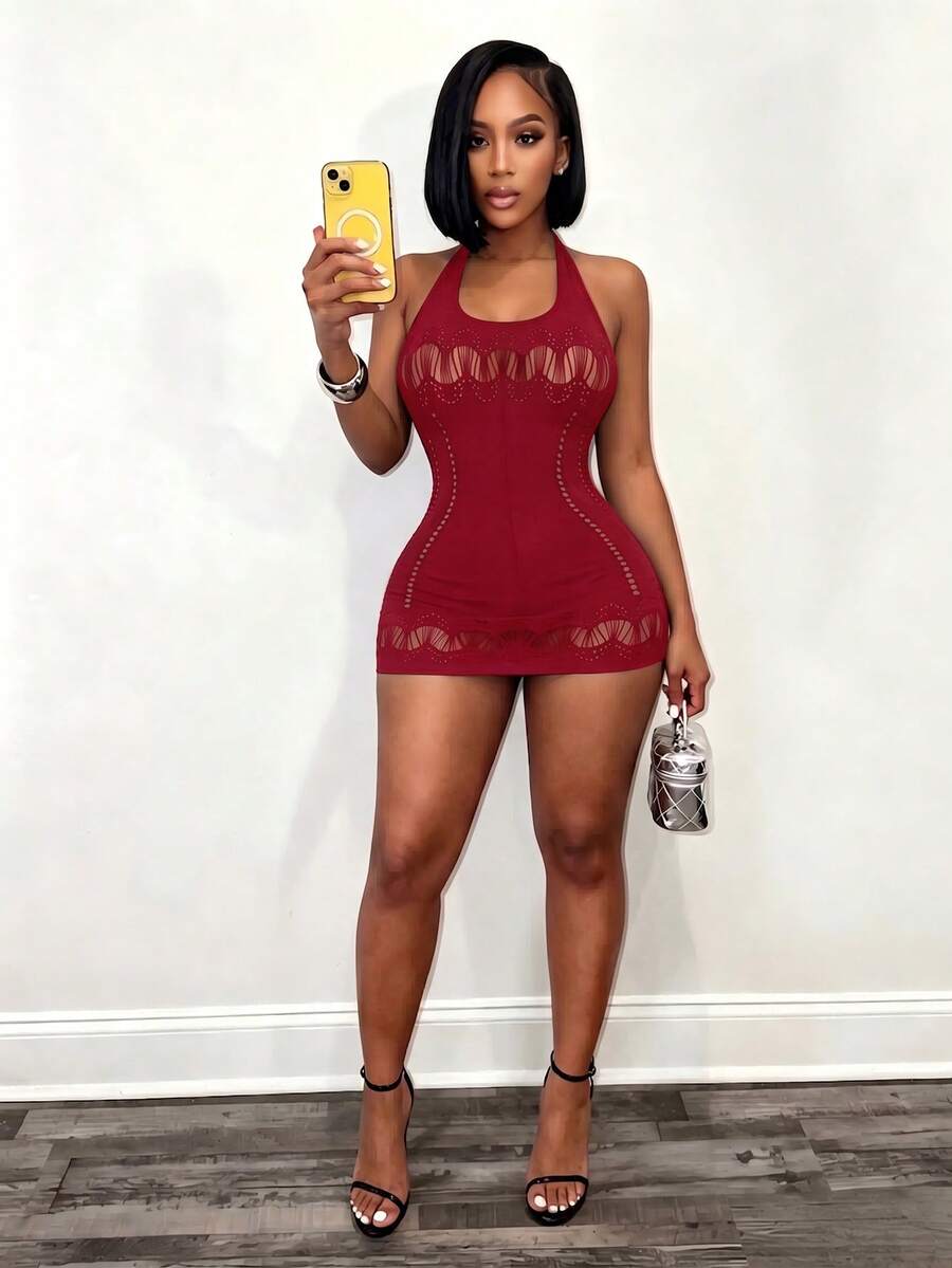 Burgundy Afterglow Halter Mini Dress — SHEIN view 1
