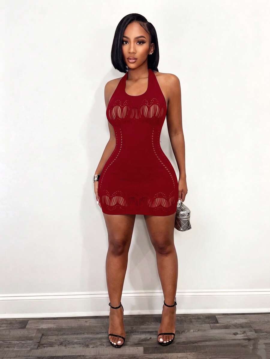 Burgundy Afterglow Halter Mini Dress — SHEIN view 3