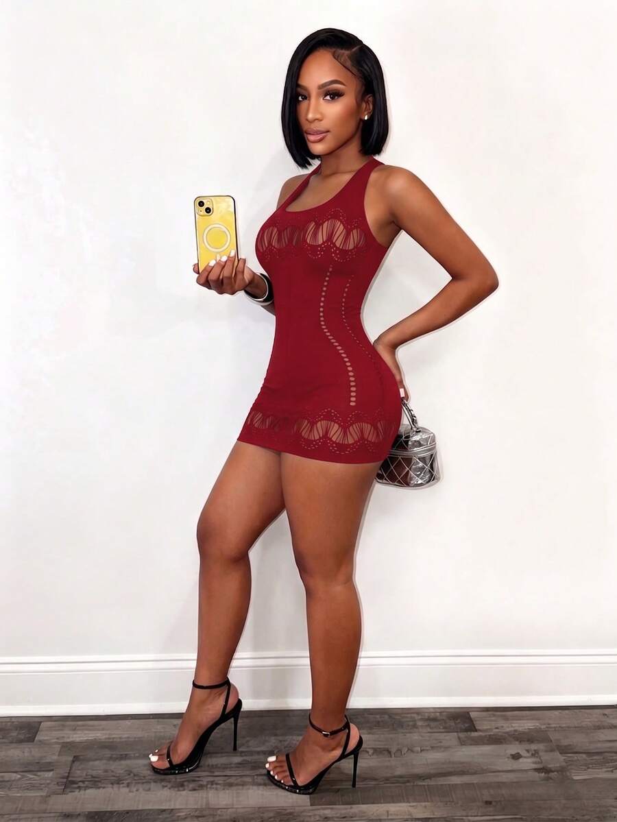 Burgundy Afterglow Halter Mini Dress — SHEIN view 4