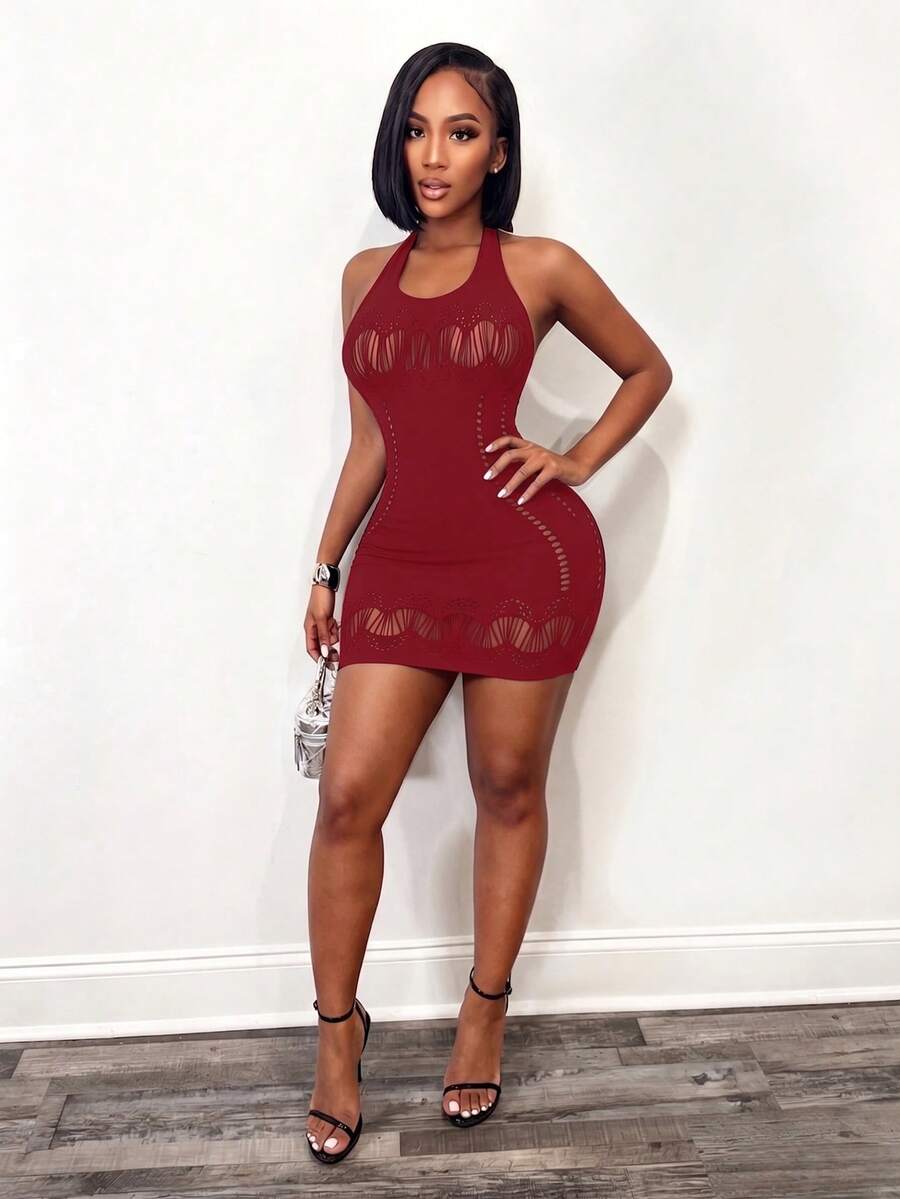 Burgundy Afterglow Halter Mini Dress — SHEIN view 5