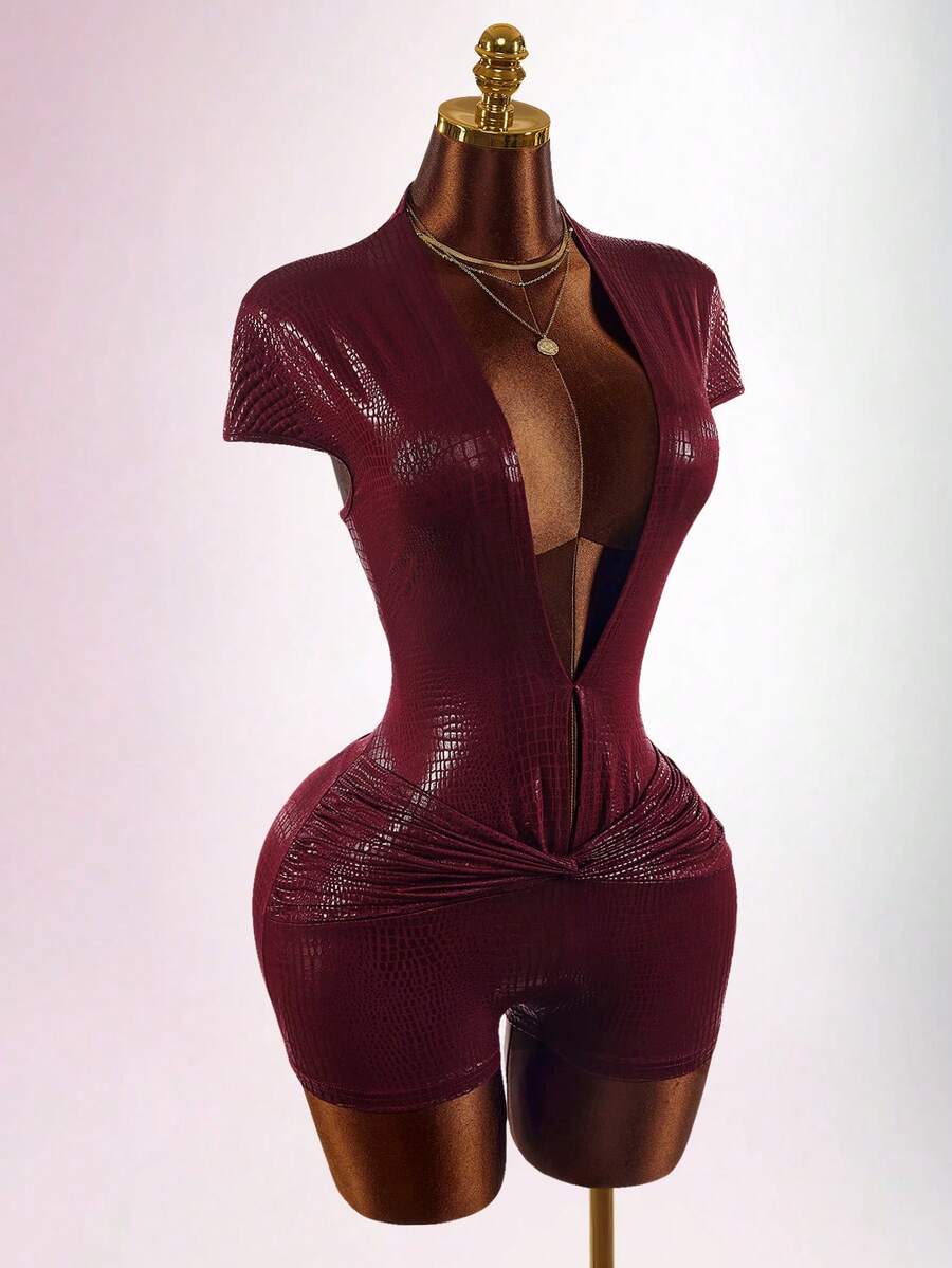Burgundy Knotline Deep-V Jumpsuit — SHEIN view 3