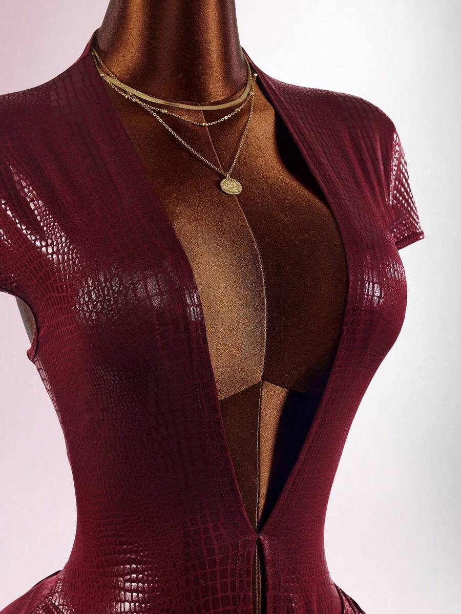 Burgundy Knotline Deep-V Jumpsuit — SHEIN view 5