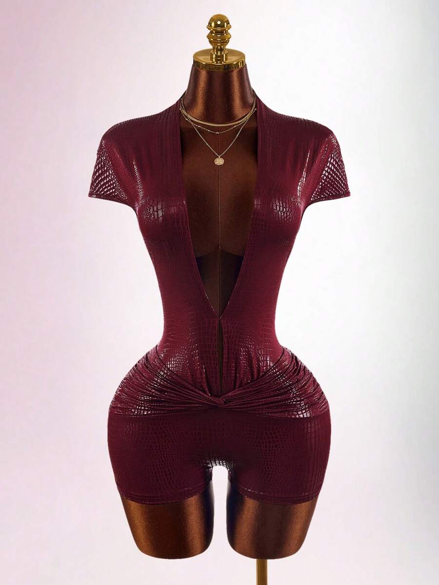 Burgundy Knotline Deep-V Jumpsuit — SHEIN view 8