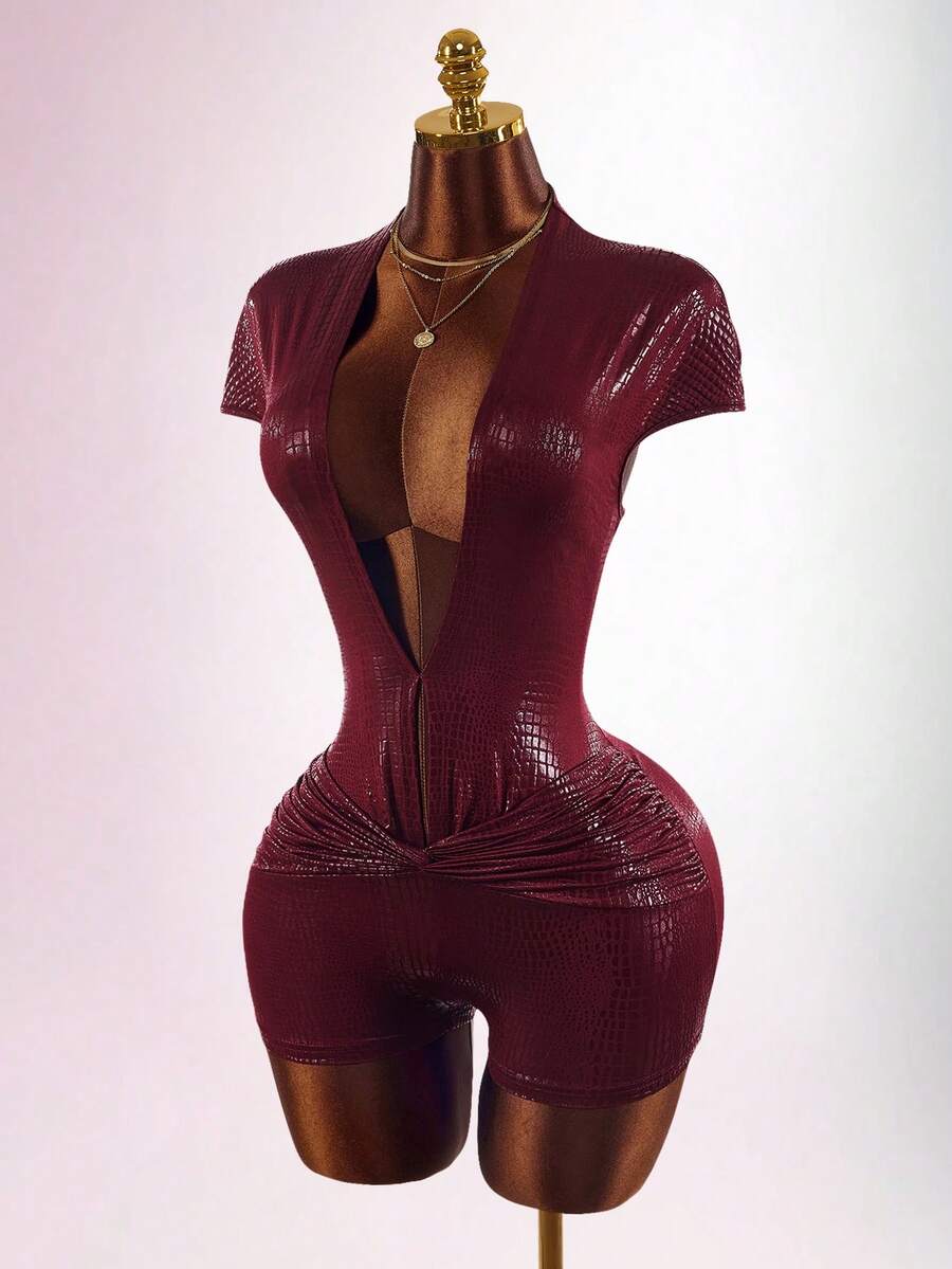 Burgundy Knotline Deep-V Jumpsuit — SHEIN view 9