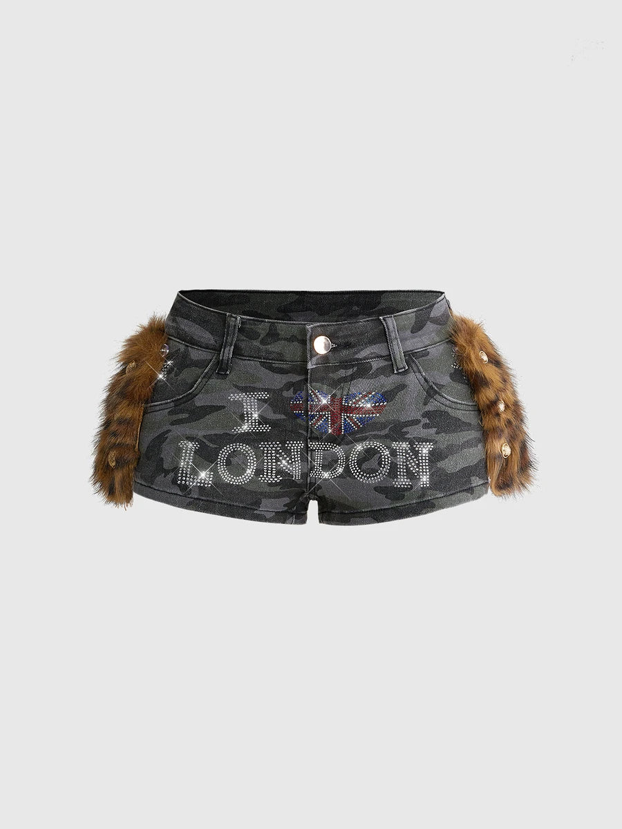 Camo Leopard Faux-Fur Denim Shorts - view 1