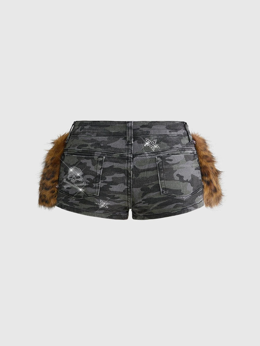 Camo Leopard Faux-Fur Denim Shorts - view 2