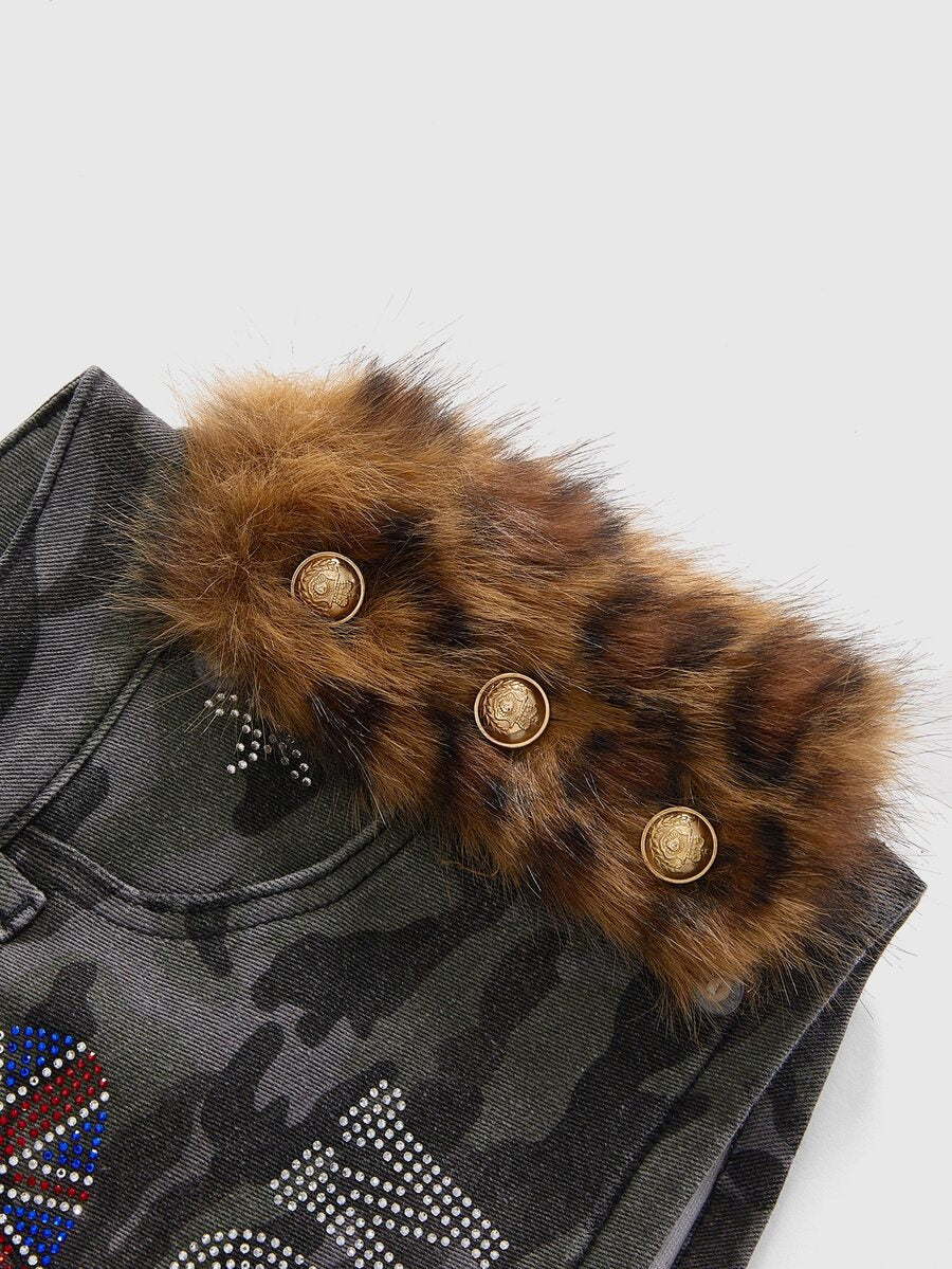 Camo Leopard Faux-Fur Denim Shorts - view 3