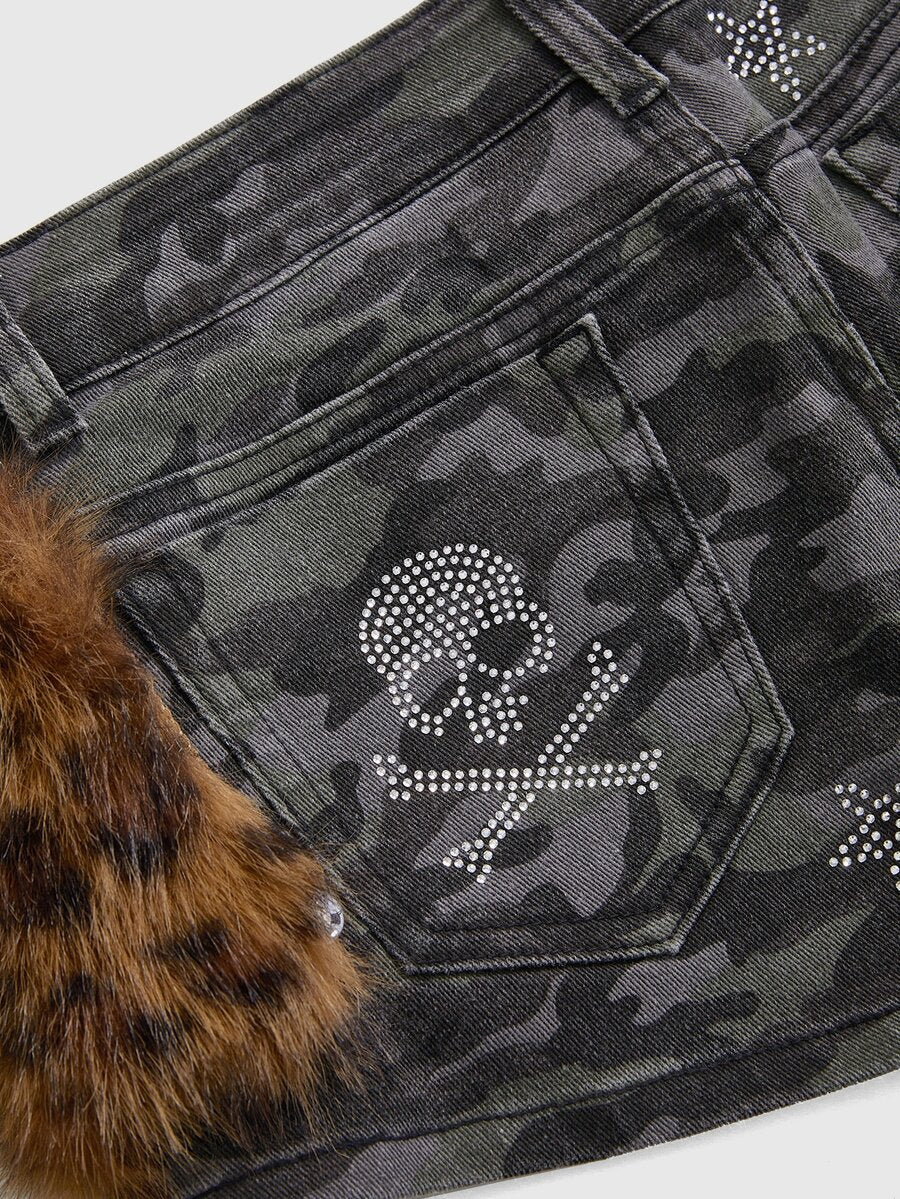 Camo Leopard Faux-Fur Denim Shorts - view 5