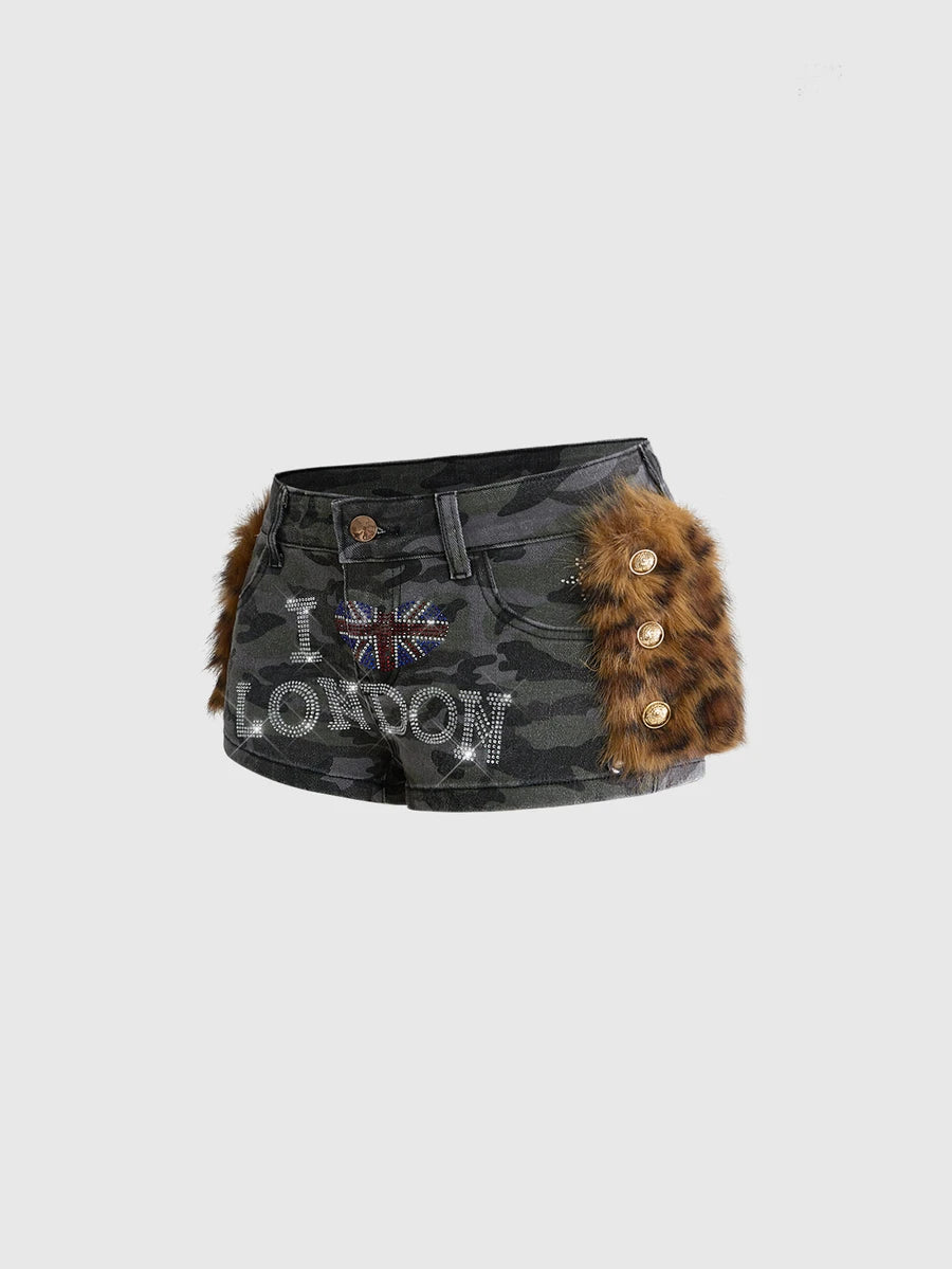 Camo Leopard Faux-Fur Denim Shorts - view 6