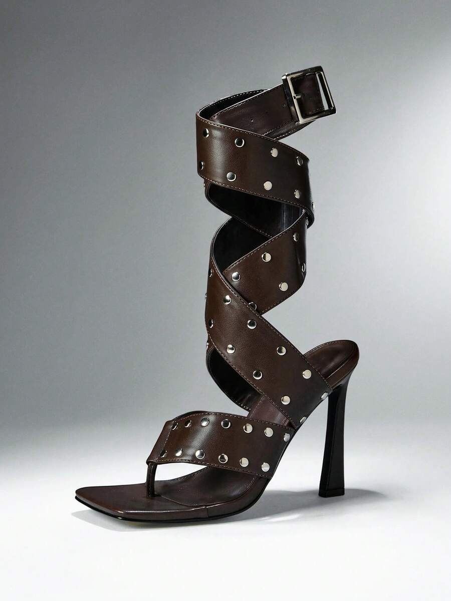 Chocolate Studded Square-Toe Heeled Sandals, chocolate brown, front view
