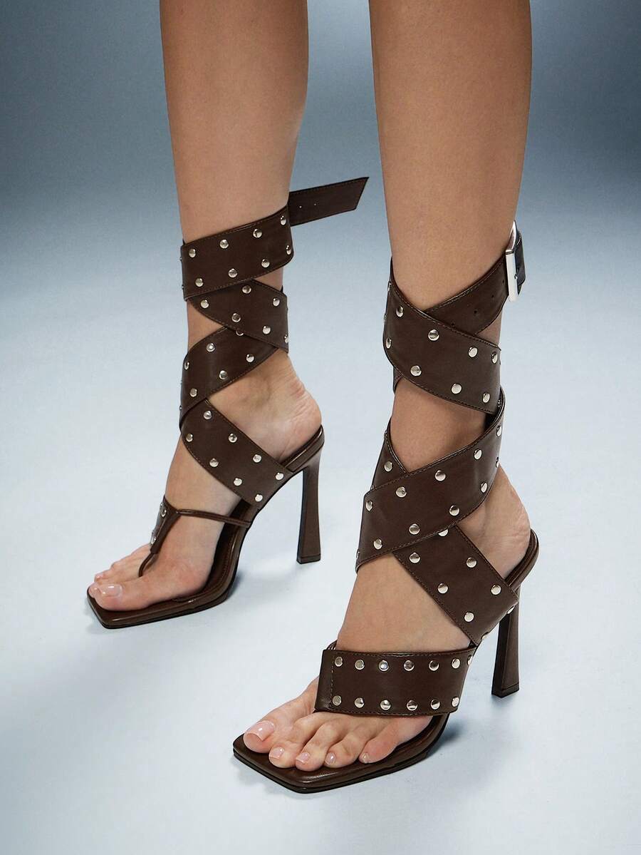 Chocolate Studded Square-Toe Heeled Sandals, chocolate brown, view 3
