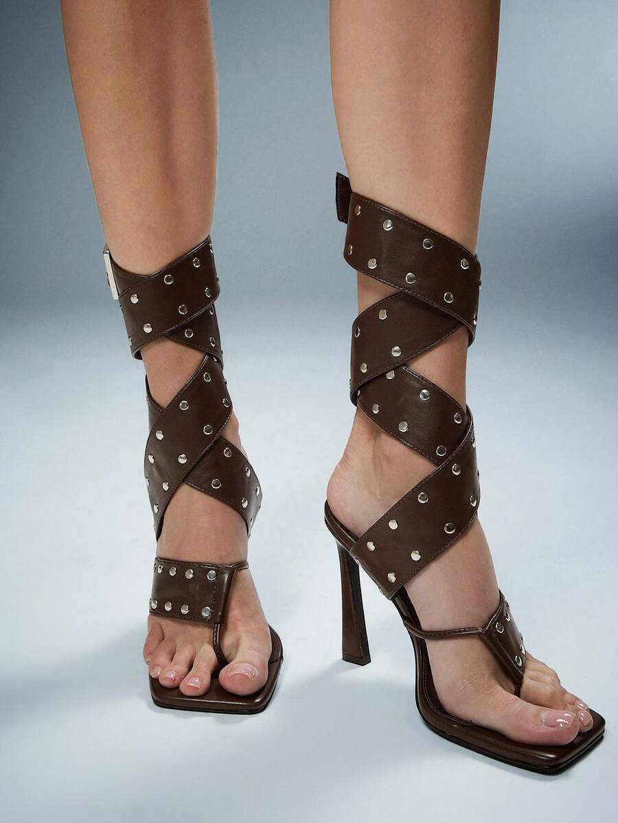 Chocolate Studded Square-Toe Heeled Sandals, chocolate brown, view 4