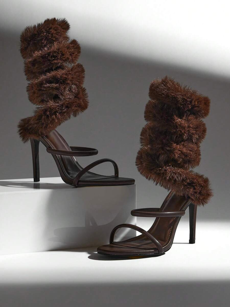 Cocoa Spiral Fur Stiletto Heels — SHEIN view 6