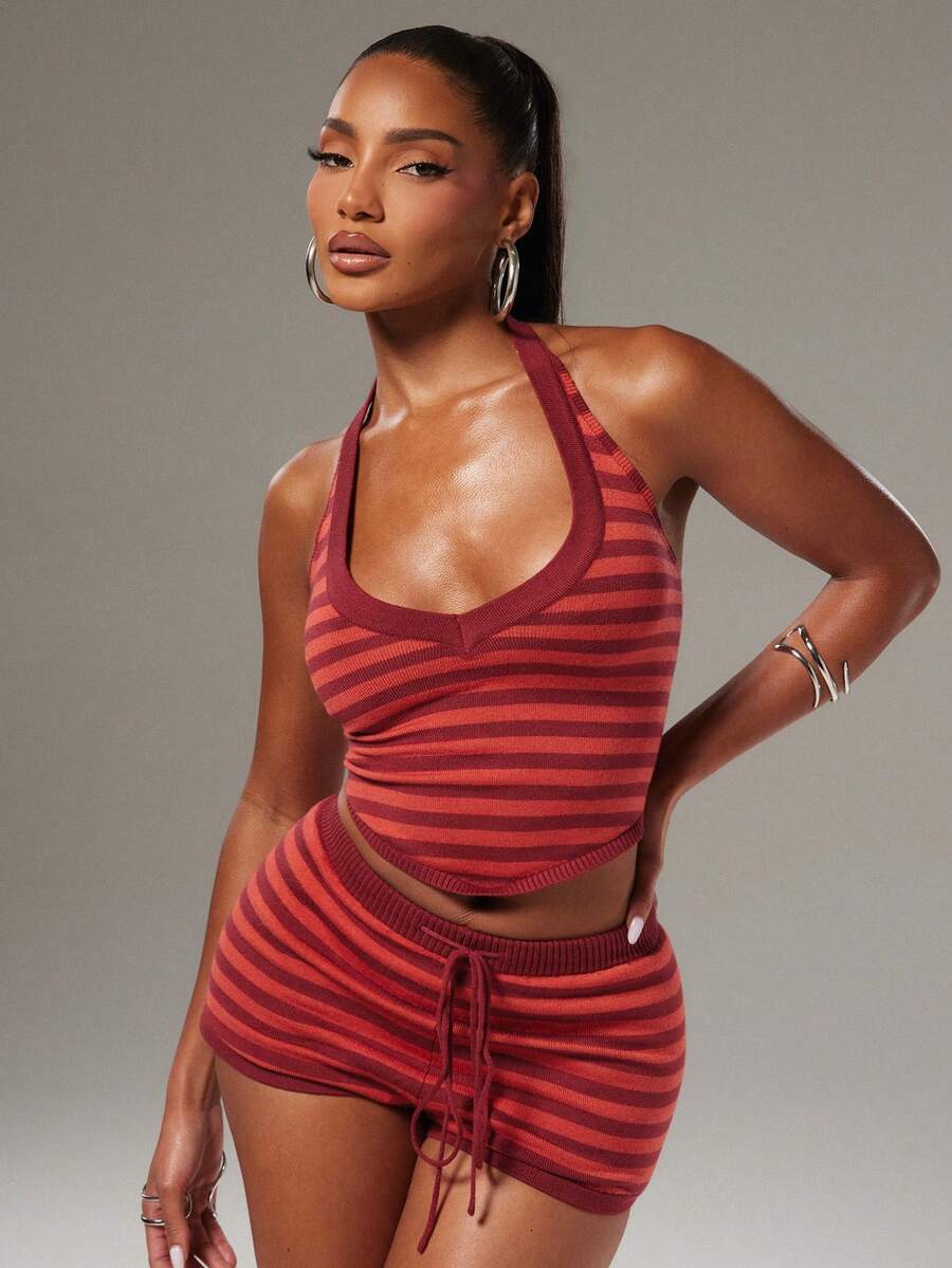 Crimson Stripe Halter Short Set — SHEIN view 1