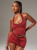 Crimson Stripe Halter Short Set — SHEIN view 1