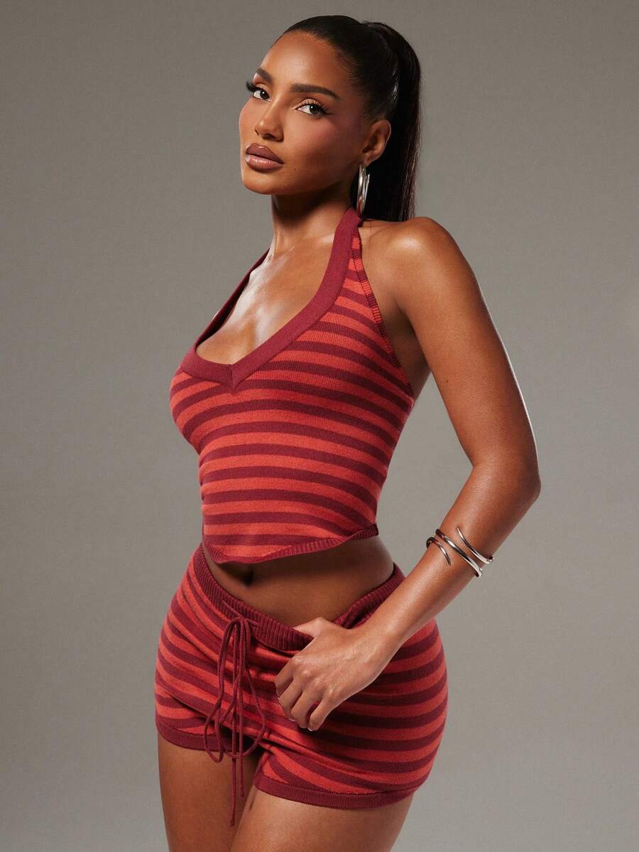 Crimson Stripe Halter Short Set — SHEIN view 7