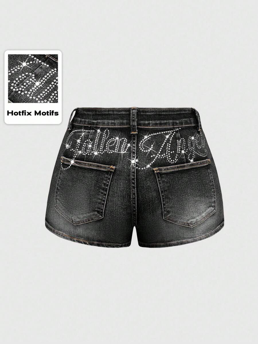Distressed Rhinestone Low-Rise Denim Shorts - front view