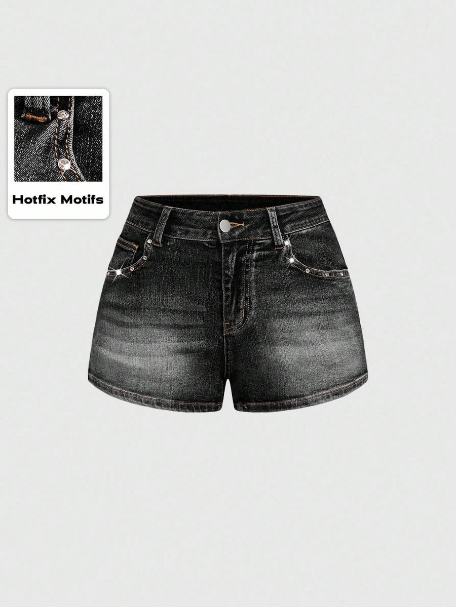 Distressed Rhinestone Low-Rise Denim Shorts - back view