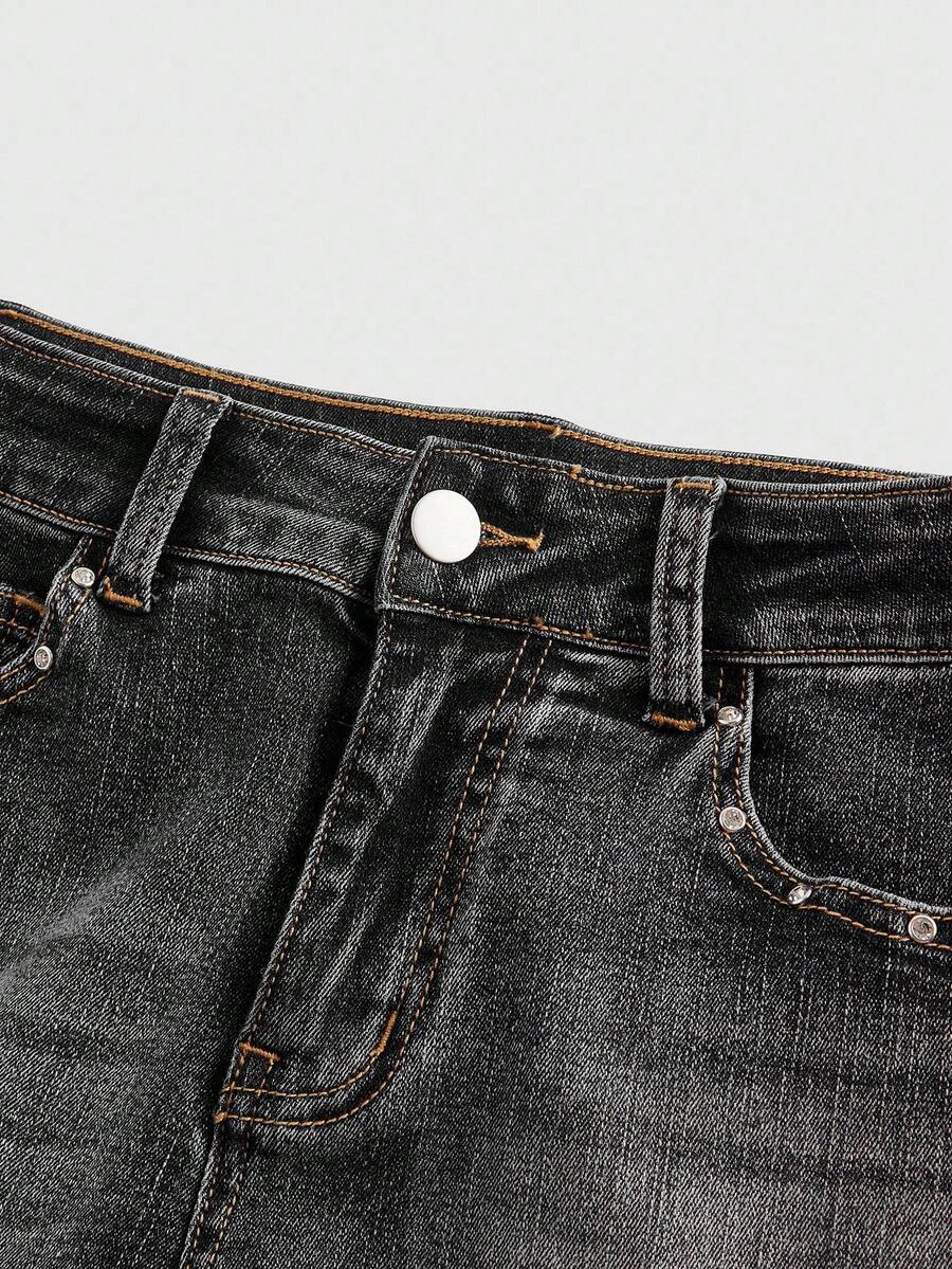 Distressed Rhinestone Low-Rise Denim Shorts - detail view