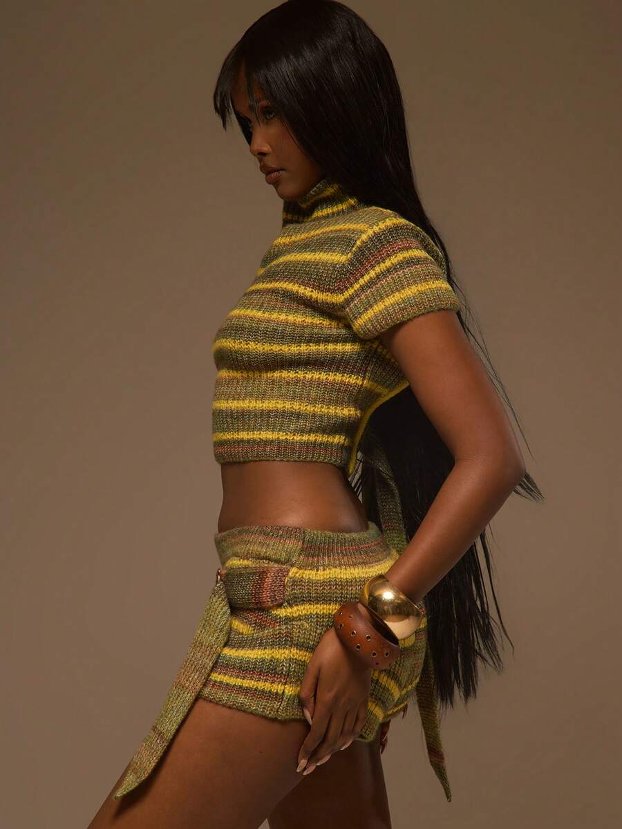 Green Stripe High-Neck Crop Top - view 3