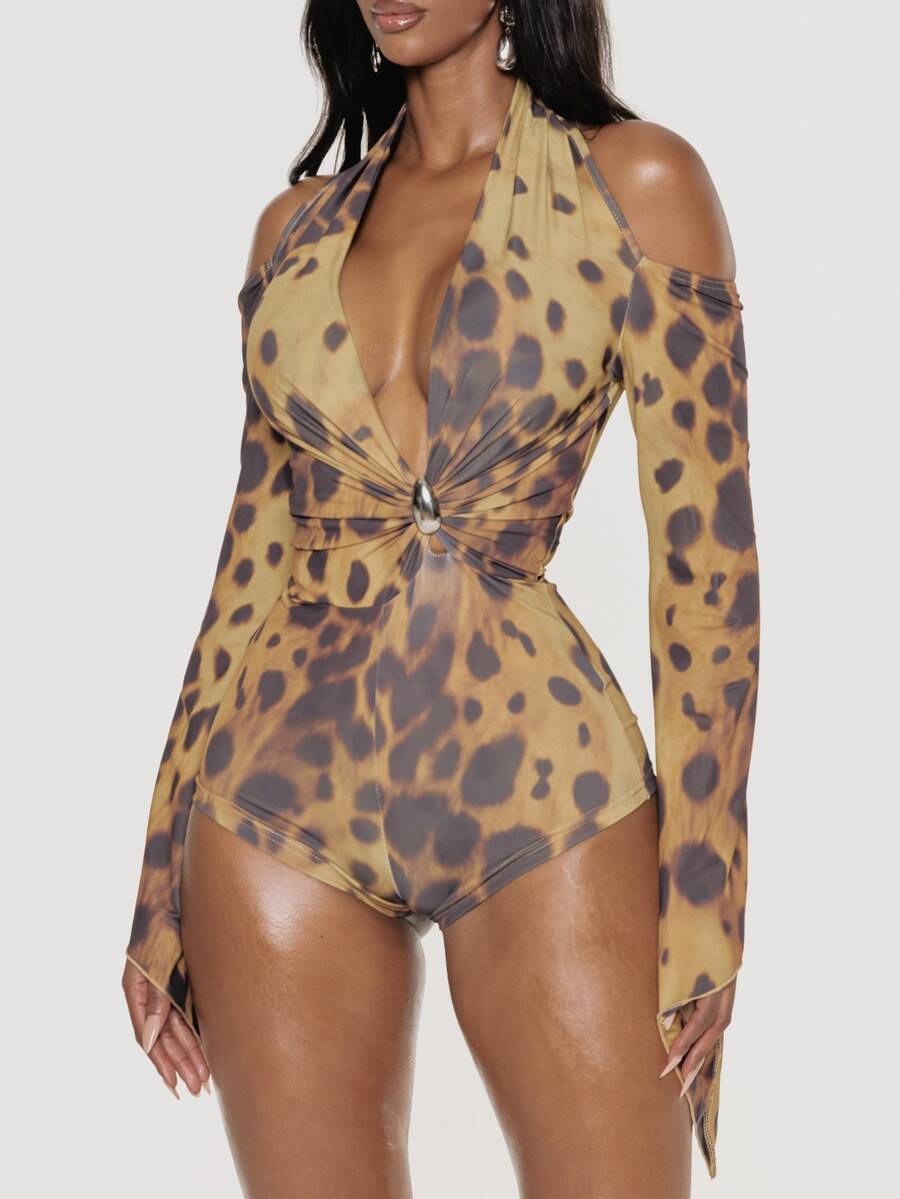 Leopard Cowl-Neck Playsuit back view