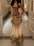 Leopard Deep-V Halter Maxi Dress - front view