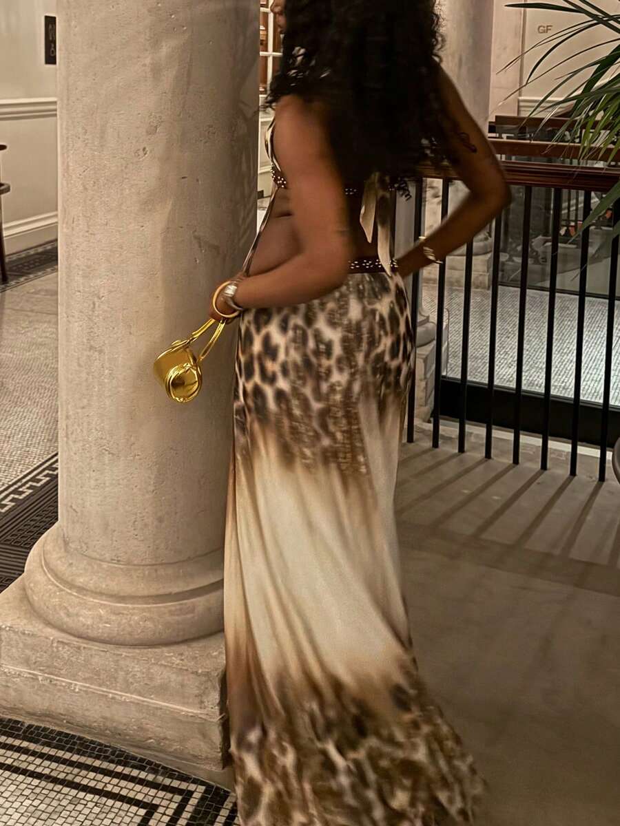 Leopard Deep-V Halter Maxi Dress - back view