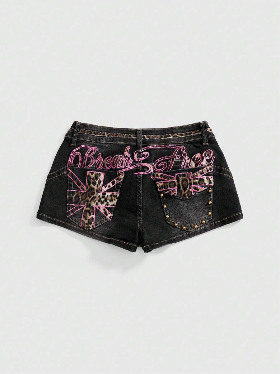 Leopard Embroidered Low-Rise Denim Shorts front view
